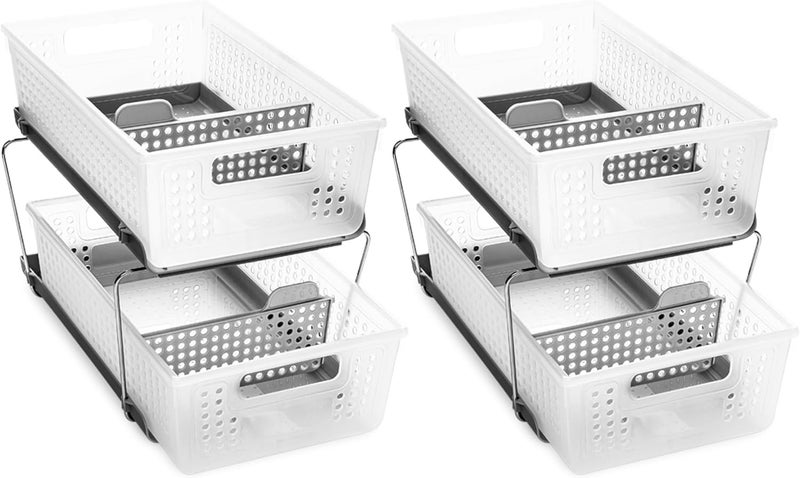 Made Smart Stackable 2-Tier Organizer, 2 Pack, Multi-Purpose Slide-Out Storage with Extra Set of Legs, Handles and Dividers for Home and Bath, BPA Free, Frost 2 PACK - Image 1